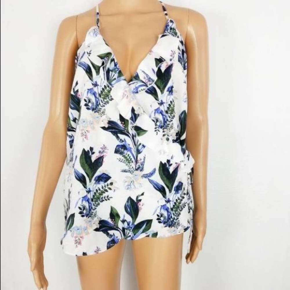 14TH & Union Floral Surplice Wrap Blouse w/Ruffles